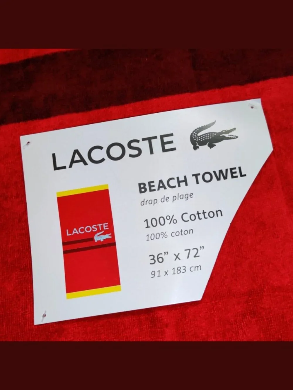 NWT Lacoste Crocodile Beach Towel - Red, Yellow, Blue - 100% Cotton - 36